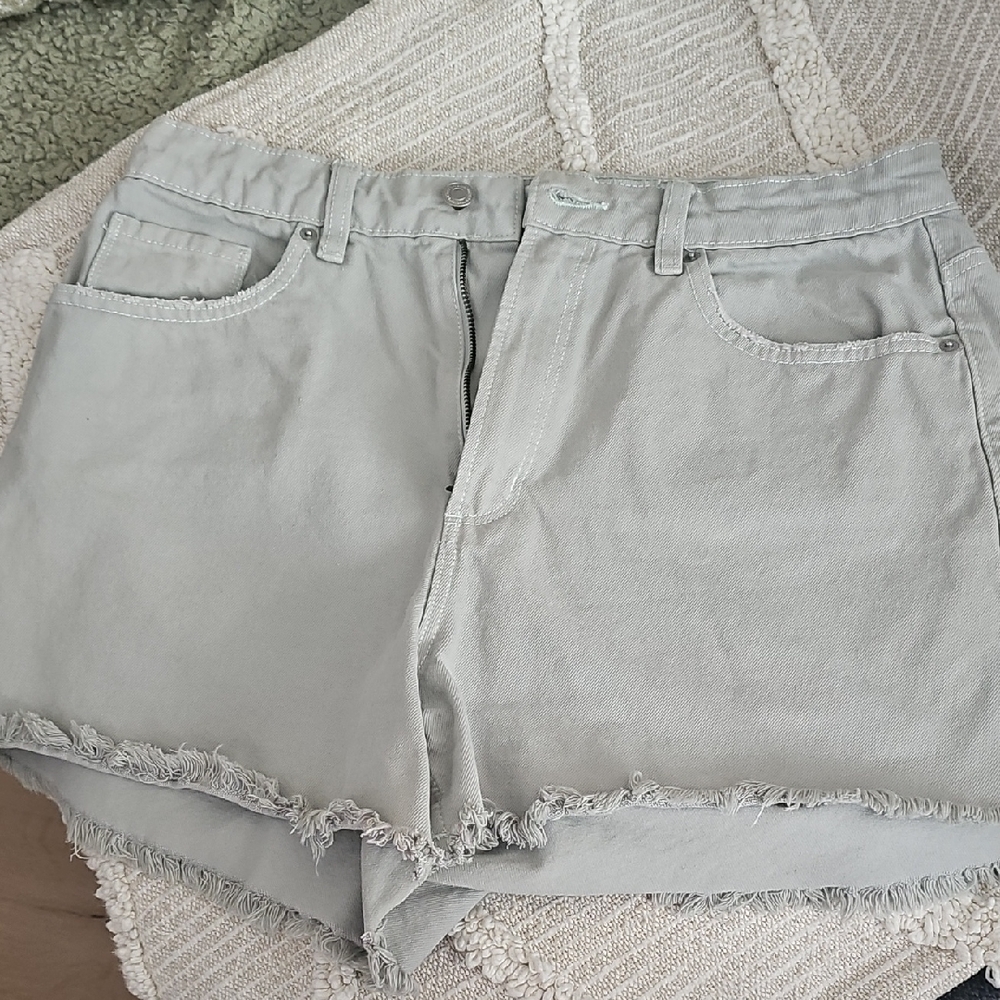 Dynamite Light Green Frayed Hem Denim Shorts